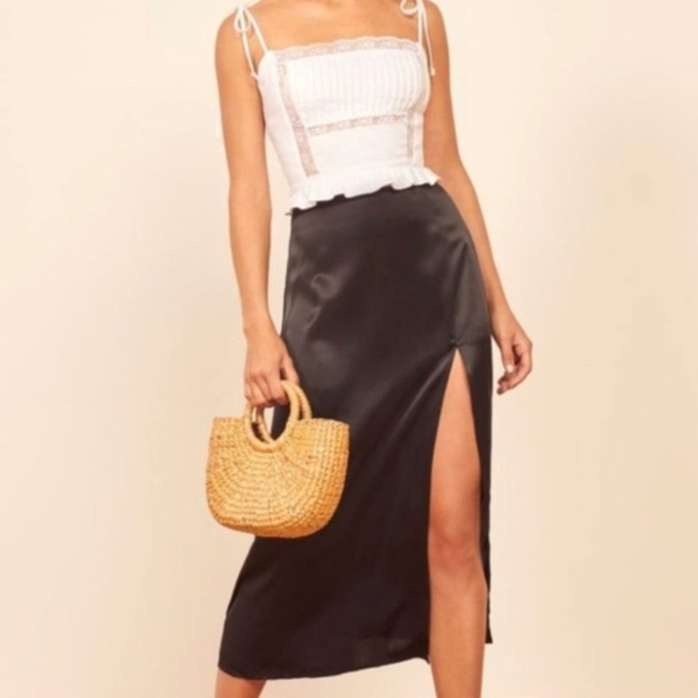 REFORMATION Pigalle Front Slit Satin Midi Skirt